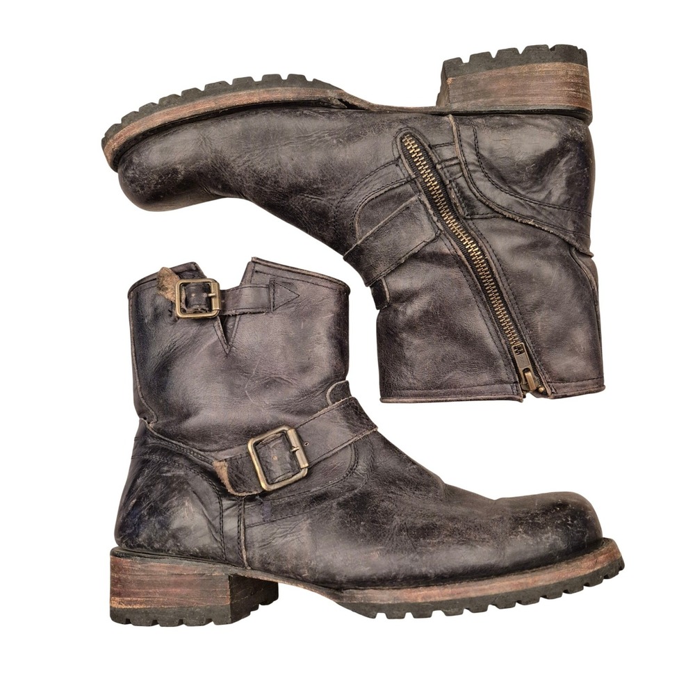 Freebird By Steven Distressed Black‎ Leather Engineer Moto Boots Side Zip Men 9